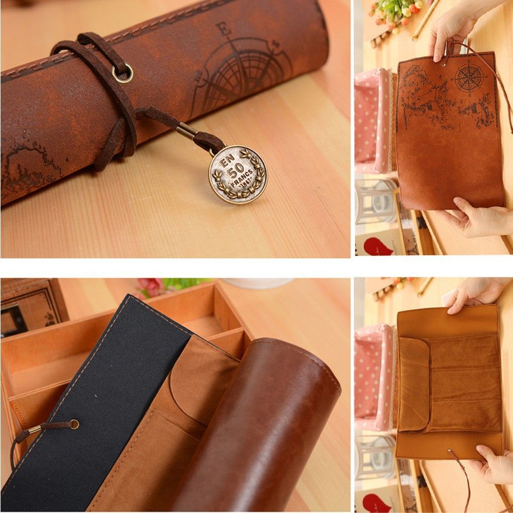 Pen Pouch Roll - กระเป๋าใส่เครื่องสำอาง/อุปกรณ์เครื่องเขียน หนัง PU ลายแผนที่สมบัติ สไตล์เรโทรสุดหรู สำหรับโรงเรียน