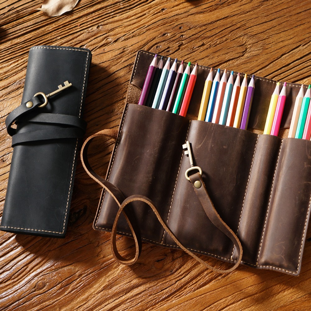 Pen Pouch Roll - Retro ของแท้หนัง Handmade ปากกาม้วนดินสอผู้ถือสํานักงานโรงเรียนกระเป๋าเครื่องเขียน